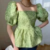 Tryck blommig tunik tröja för kvinnor fyrkantig krage puff ärm elegant koreansk blus kvinnlig mode kläder sommar 210531
