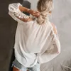 Ayualin Biały Kwiatowy Szyfonowa Koronkowa Bluzka Koszula Kobiety Top Vintage Latarnia Z Długim Rękawem Sexy See przez Bluzki Boho Beach Blusa 210719