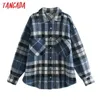 Tangada Femmes Bleu Plaid Épais Manteaux Veste Lâche Manches Longues Poche Printemps Manteau Outwear 3L60 210609