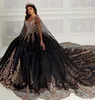 Siyah Tatlı 16 Quinceanera Elbiseler ile Cape Payetli Aplike Boncuklu Omuz PAGEant Elbise Meksikalı Kız Doğum Günü Abiye
