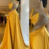 Vestidos de fiesta 2022 Sirena amarilla brillante Ropa de noche formal Apliques de encaje con cuentas Sexy Top Illusion Vestido de fiesta Vestido de Nova