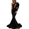Bling Sexy One Shoulder Black Evening Klänningar Långärmad Sparkly Sequined Mermaid Special Occasion Grows Vintage Bodycon Women Prom Party Dress