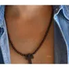 Boucles d'oreilles Collier Croix Jésus Bracelet Pendentif Perles en Bois Sculpté Long Chapelet Bijoux