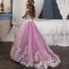 Spetsblommor Girl Bows Children's First Holy Communion Dress Princess Tulle Ball Gown Wedding Birthday Christmas Halloween Party klänningar 2-14 år 403