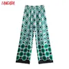 Tangada Women Green Geometryプリントワイドレッグロングパンツズボンヴィンテージスタイルの段階腰の女性Pantalon 5Z137 211124