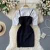 Women's Fashion Retro Chic Short Sleeve Shirt Tops + Bow less Package Hip Mini Dress Two Piece Suits S401 210527