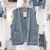 Damvästar 2021 Vår Höst Vintage tvättad denim V-ringad fickor Täckta knapp Dam Korean Lös Plus Size Jean Väst A491