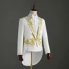 (Jacket+Pants) 2 Piece Wedding Suit White Embroidery Tailcoat Set Singer Host Swallowtail Costumes Magician Chorus Stage Suits X0909