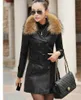 Autumn And Winter Women Genuine Racoon Dog Fur Collar Long Leather Jacket Fashion Slim Plus Cotton Motorcycle Trench