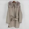 Oftbuy Real Fur Coat Vinterjacka Kvinnor Lös naturlig Fox Fur Collar Cashmere Ullblandningar Ytterkläder Streetwear Oversize 210927