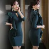 Damesmode Patchwork Ruche Holle Stand Hals Bodycon Lady Work Office Mini Dress Slanke Formele Schede 210529
