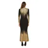 秋の冬のドレス女性エレガントなゴールドフォイルスリムロングドレスファッション青銅色のフォームロングスリーブオネックドレス女性高品質201008