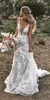 ビンテージマーメイドスパゲッティウェディングドレス2022 Vネック背中のレースアップリケ3D花セクシーなエレガントな花嫁のガウン電車のカスタムメイドのボホブライダルドレス