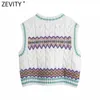 Zevity 여성 패션 V 넥 기하학적 크로 셰 뜨개질 트위스트 뜨개질 스웨터 여성 민소매 캐주 조끼 세련된 풀 오버 탑 S665 210603