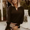 秋のエレガントな深いVネックソリッドブラウスシャツの女性のカジュアルな緩い長袖トップスプルオーバーオフィスレディファッションスイートブルサXS