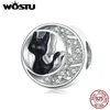 Wostu Halloween svart katt charms 925 sterling silver emalj zircon runda pärlor passar original armband halsband juvel; ry ctc325 q0531