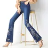 Broderad blomma denim jeans för kvinnor mode hög midja flare byxor casual lösa stretch byxor 210809