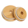 Natural Bamboo Cap Lids Reusable Wooden Mason Jar Lid Sealing Caps With Straw Hole And Silicone Seal