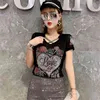 Summer Fashion Korean Clothes T-shirt Sexy Hollow Out Diamonds Letter Rose Women Tops Ropa Mujer Patchwork Mesh Tees 2020 T06633 X0628