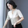 Korean Silk Women Blouses Shirt V-neck Woman Satin Solid Tops Plus Size Blusas Femininas Elegante 210531
