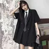 Terno preto feminino verão seção fina versão coreana solta dupla-breasted escuro de manga curta jaqueta feminina tendência 211122