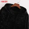 Tangada Kadın Büyük Boy Siyah Kadife Hoodie Tişörtü Moda Bayanlar Kazaklar Cep Kapüşonlu Ceket 1d212 210609