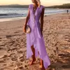 Kvinnor Sexig V Neck Beach Lång Drsummer Elegant Kortärmad Tie-up Bälte Party Drcasual Ruffle Oregular Boho Maxi Dress X0621