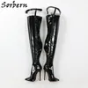 Sorbern 검은 특허 중반 허벅지 여성 허벅지 벨트 높은 뒤꿈치 Stilettos 지적 발가락이있는 무릎 위로 부츠