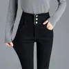 Haute qualité hiver épais taille haute taille chaude jeans épais mode féminine bouton extensible pantalon crayon maman décontracté plus velours jeans 210302