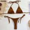 Ingaga Push up Bikini'nin Mayolar Nervürlü Mayo Kadınlar Seksi Tanga Biquini Halter Mayo Yüksek Kesim Bikini Set 210722