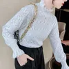Women's Blouses Women's & Shirts S-XL Korean 2022 Vintage Floral Crochet White Lace Blouse Women Tops Turtleneck Flared Long Sleeves