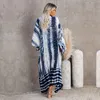 Kadın Mayo Mavi Bohemian Kravat Boya Çizgili Bikini Kapak-UPS Uzun Tunik Seksi Kimono Elbise Kadın Artı Boyutu Plaj Kıyafeti Yüzme Takım Kapak Q