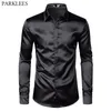 Chemises de robe de luxe en satin noir pour hommes Soie Lisse Hommes Chemise de smoking Slim Fit Fête de mariage Chemise décontractée Chemise Homme 210708