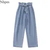 Nbpm Mode mit Gürtelknopf Baggy Jeans Frau Hohe Taille Streetwear Mädchen Breite Beinhose Hosen Mujer Mom Denim 210708