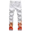Men's Flame Print Jeans Snow Washed Light Blue Denim Pants Slim Straight Trousers White1 S2102