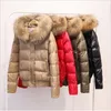 Ftlzz Real Raccoon Fur Winter Jacket Mulheres Manga Longa Slim Branco Duck Down Parkas Feminino Bolsos Com Capuz Casaco Outwear 210204