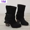 Nova Roma Estilo Ankle Botas Mulheres Redonda Toe MED Square Heel Botas de Inverno Zipper Botas Quentes Baga Decoração Flock Boot Zapatos Y0914