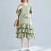 O-hals grote maat jurk vrouwen zomer massief groen vestidos vrouwelijke lange mouw losse casual cake ruches es 210601