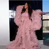 Ilusão Ruffles Tulle Rosa Manga Longa Mulheres Vestido de Noite Jaquetas Inverno Sexy Festa Grávida Pijamas Roupão Sheer Camisola Robes Xale