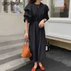 Korean Fashion Solid Frauen Kleid Elegante O Neck Lace Up Schlanke Wais Party Pufff Sleeve Slit Lange es Vestidos 210601