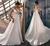 Seksowna Prosta Satin Wedding Dress 2021 Rękawów V Neck Line Back Criss Cross New Bridal Gown Vestido de Noiva Robe Mariee