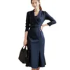 Casual Dresses Office Ladies V-ringning Double Breasted Blazer Trumpet Dress Belted Women Business Slim Merraid322B