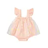 Verão Bebê Casual Romper Set Infantil Menina Flare Manga Daisy Impressão Bodysuit Net Fio Vestido + Headband Jumpsuit ou 0-18m Toddler Ki Roupas SE