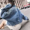 Damenjacken Herbst Frauen Korea Süße Perle Dekor Jeansjacke Bf Wind Kurze Jeans Perlen Langarm Casual Taschen Lose Mantel