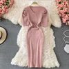 Summer Women Knit Dress Sexy V-neck Short-sleeved Bodycon Slim Stretch Mid-calf Casual Female Korean Vintage Vestidos 210603