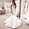 Vestidos de novia de sirena sin tirantes con apliques de plata Sweep Train Sweetheart Lace-up retraste Vestidos nupciales satinados