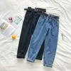 Coréen hautes jeans de la ceinture solide de la ceinture solide Harem Pantalons perdus occasionnel Plus Taille Pantalon Denim Denim Pantalon Femme avec ceinture 210715