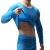 Mens Unterhemden Langarm Mesh Transparent gestreift T-Shirts Bodybuilding Sport Fitness Tops Sexy Unterwäsche Tee Vestiti uomo