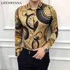 M-6XL Luxe Gold Print Casual Shirt Hommes Fashion Party Chemise à manches longues Slim Fit Tuxedo Chemises Night Club Work Social Shirt 210628