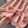 Mode Frühling Herbst Langarm Spitze Kleid Frauen Elegante Koreanische Stil Oansatz Rosa Aushöhlen A-linie Party 210603